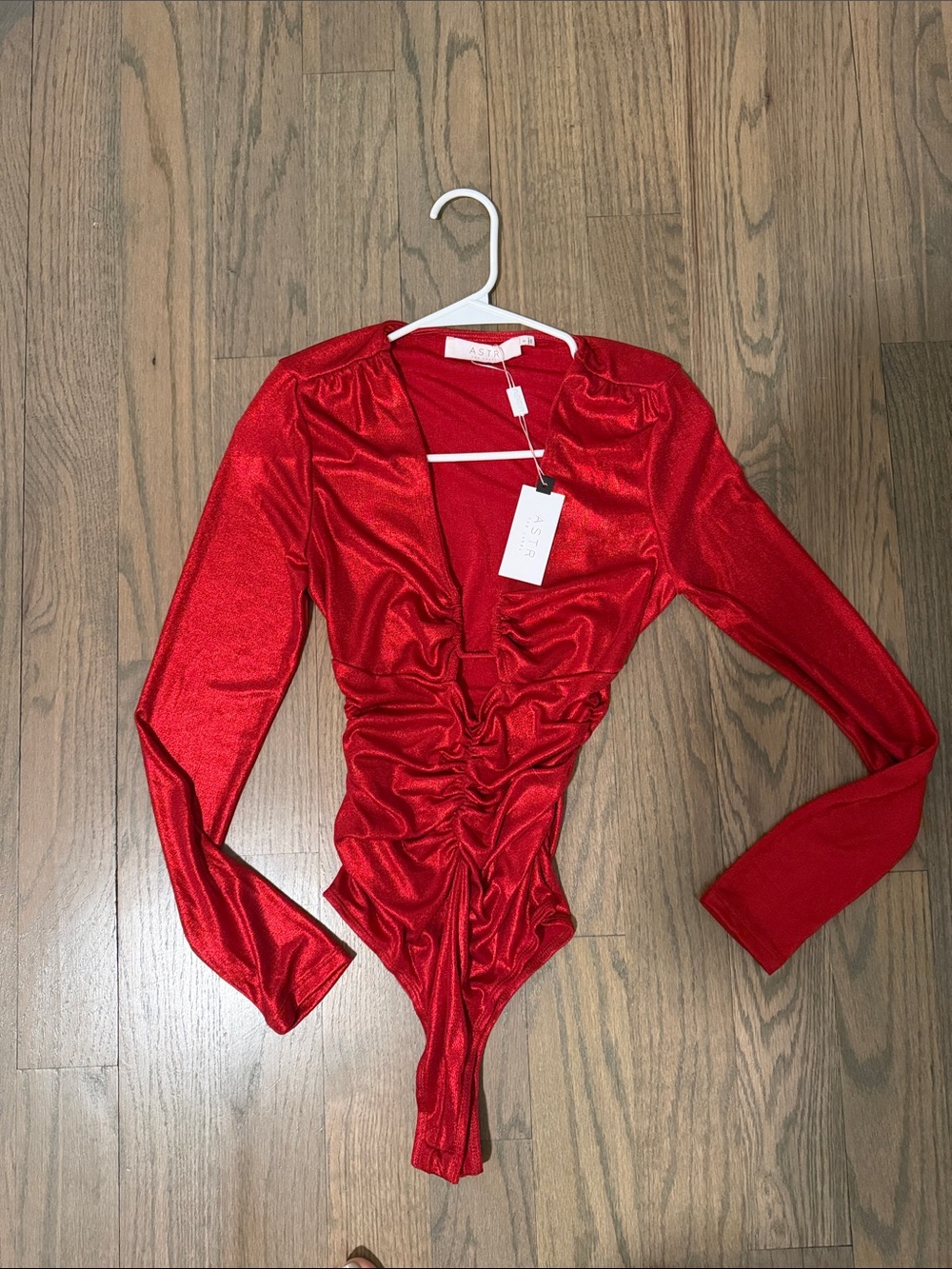 Astr Red Ruched Long-Sleeve Bodysuit